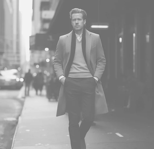 Hombre con abrigo caminando por la ciudad, imagen masculina elegante